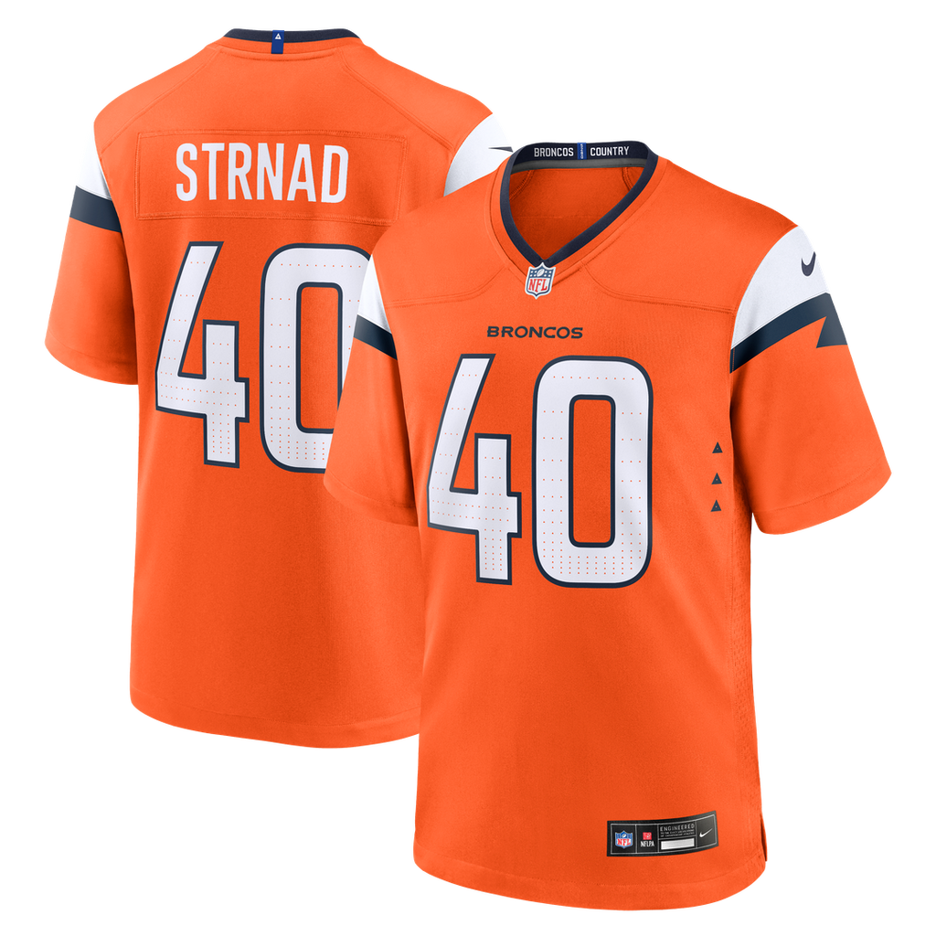 Denver Broncos Justin Strnad Orange Team Game Jersey product image 1, provided for visual reference and product detail review
