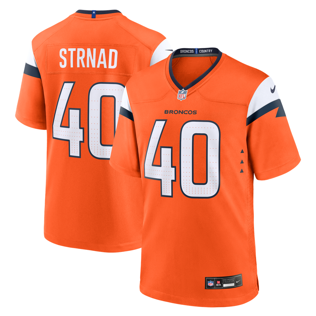 Denver Broncos Justin Strnad Orange Team Game Jersey product image 1, provided for visual reference and product detail review