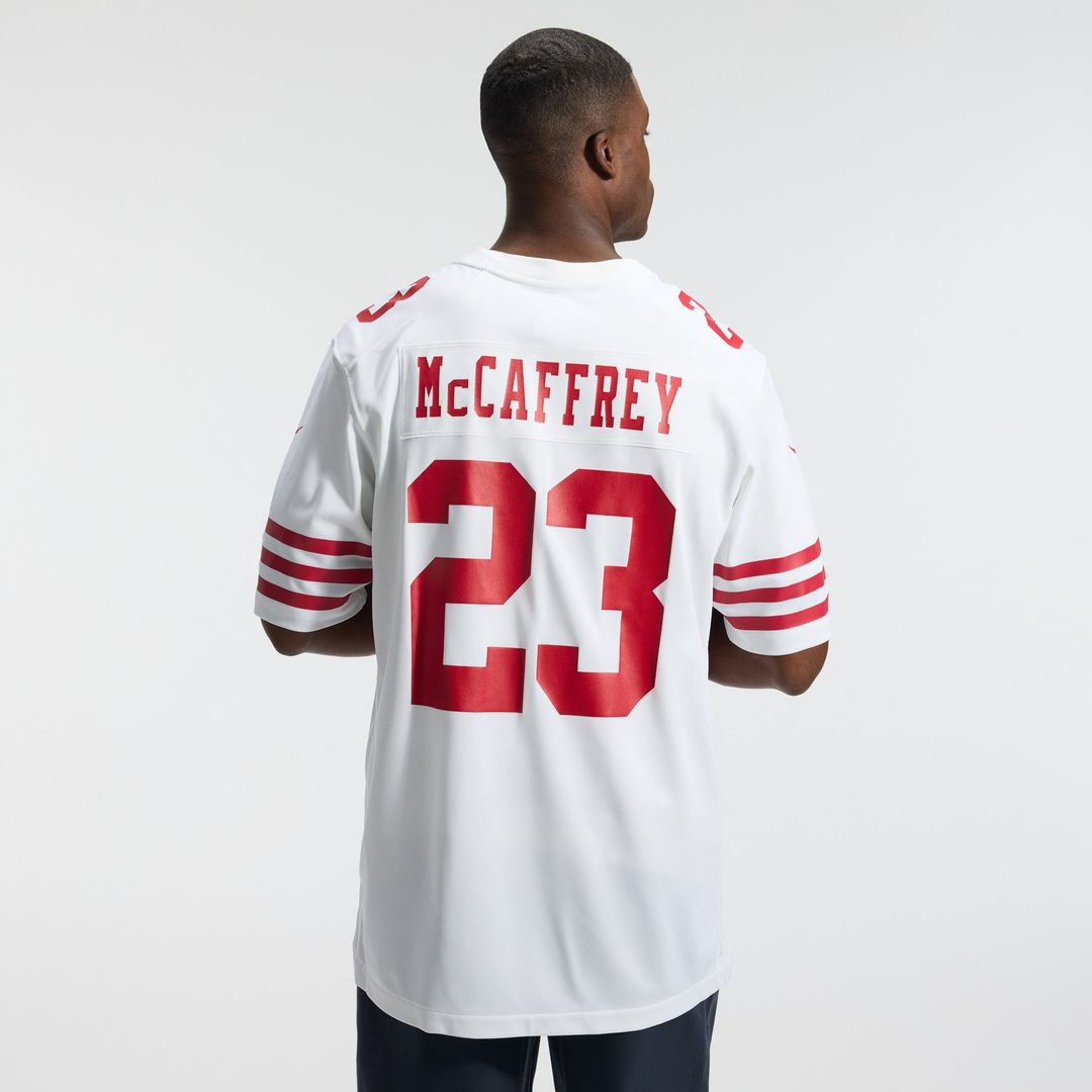 San Francisco 49ers Christian McCaffrey White Game Player Jersey product image 3, provided for visual reference and product