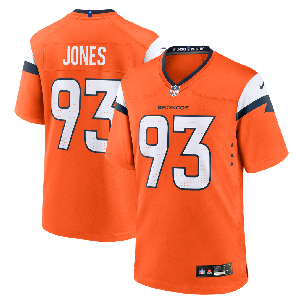 Denver Broncos D.J. Jones Orange Team Game Jersey product image 1, provided for visual reference and product detail review
