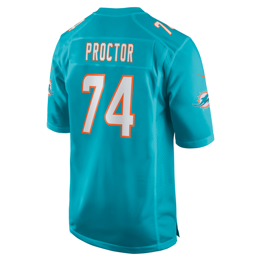 Miami Dolphins Kadyn Proctor Aqua Team Game Jersey product image 3, provided for visual reference and product detail review