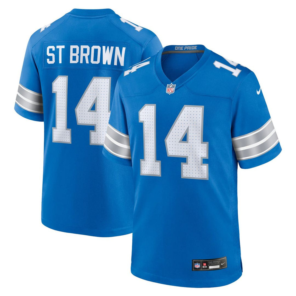 Detroit Lions Amon-Ra St. Brown Blue Game Jersey product image 1, provided for visual reference and product detail review