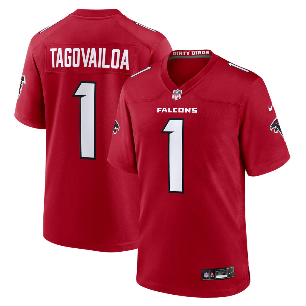 Atlanta Falcons Tua Tagovailoa Red Game Jersey product image 1, provided for visual reference and product detail review