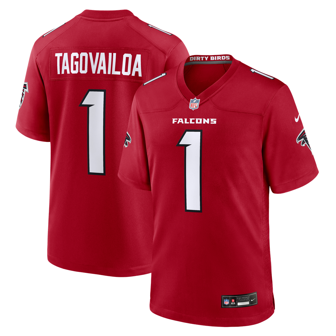 Atlanta Falcons Tua Tagovailoa Red Game Jersey product image 1, provided for visual reference and product detail review