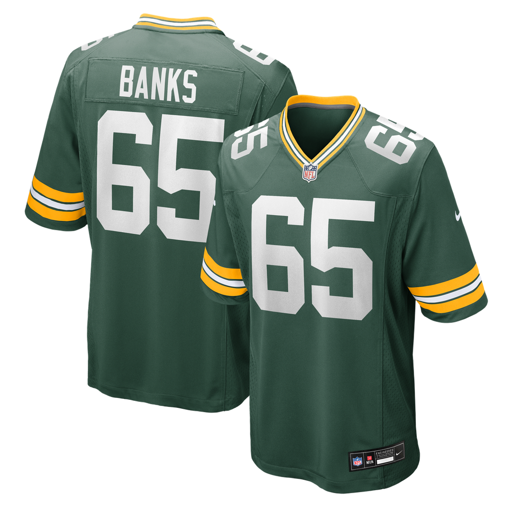 Green Bay Packers Aaron Banks Green Team Game Jersey product image 1, provided for visual reference and product detail review