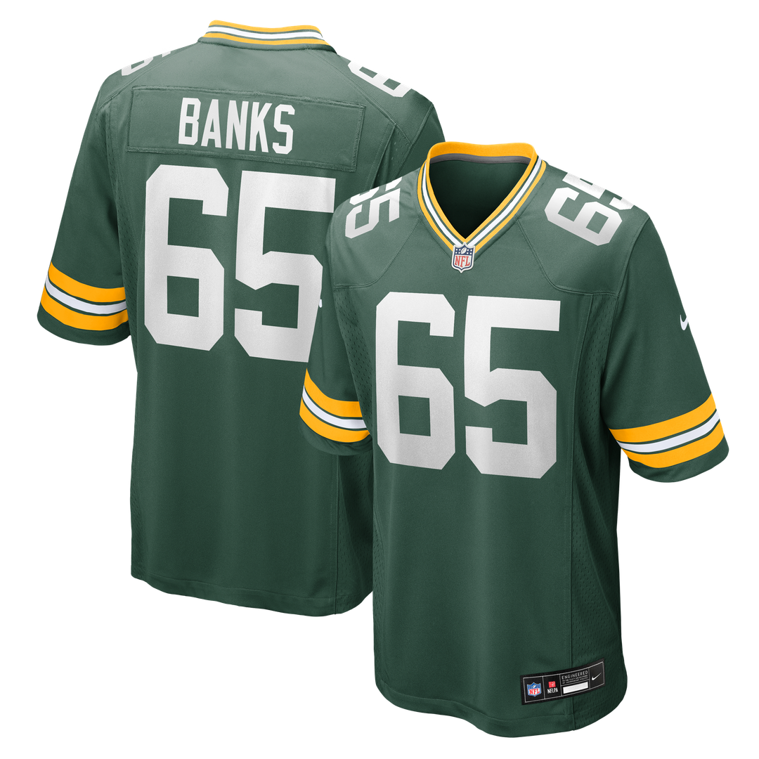 Green Bay Packers Aaron Banks Green Team Game Jersey product image 1, provided for visual reference and product detail review