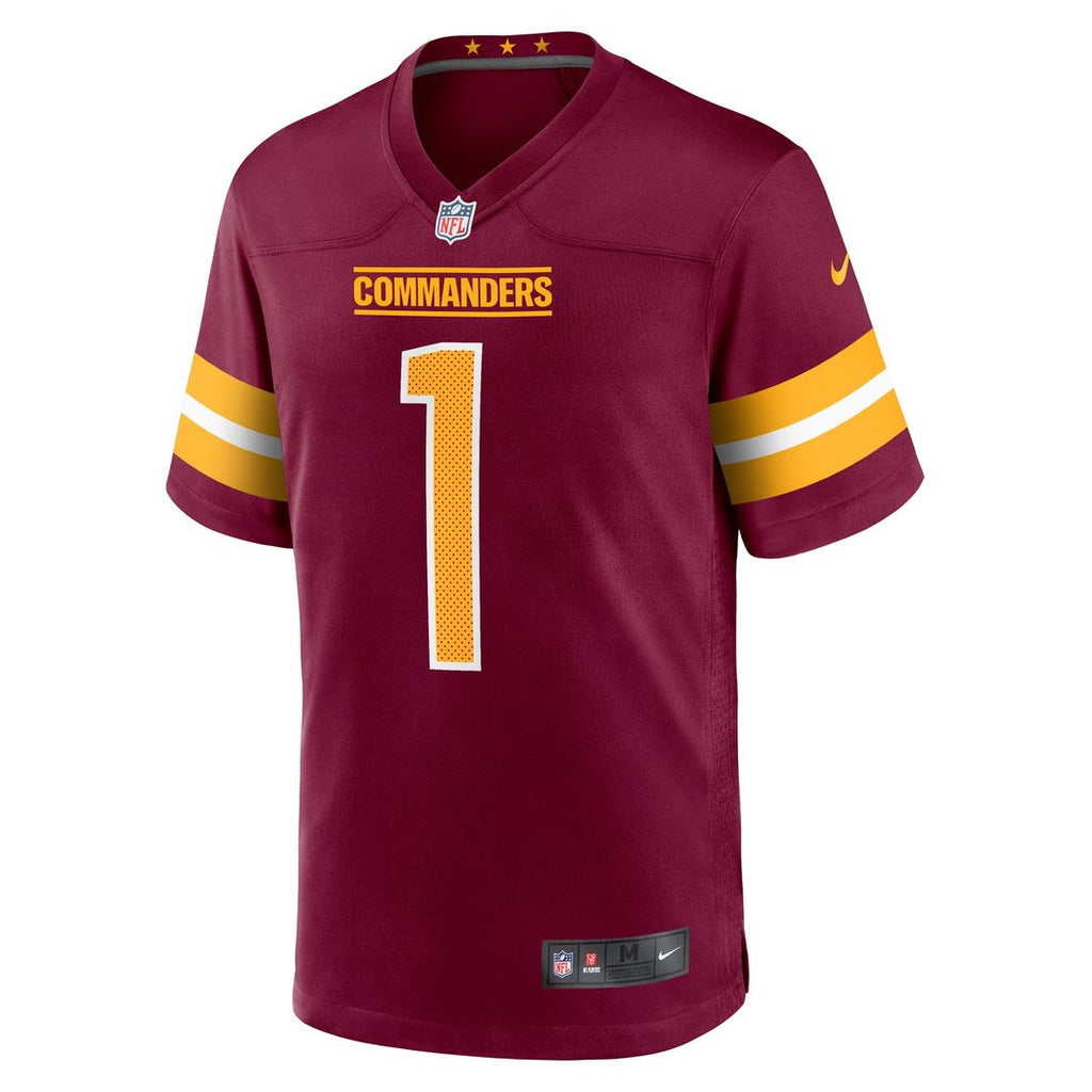 Washington Commanders Number 1 Groom Burgundy Game Jersey product image 2, provided for visual reference and product detail