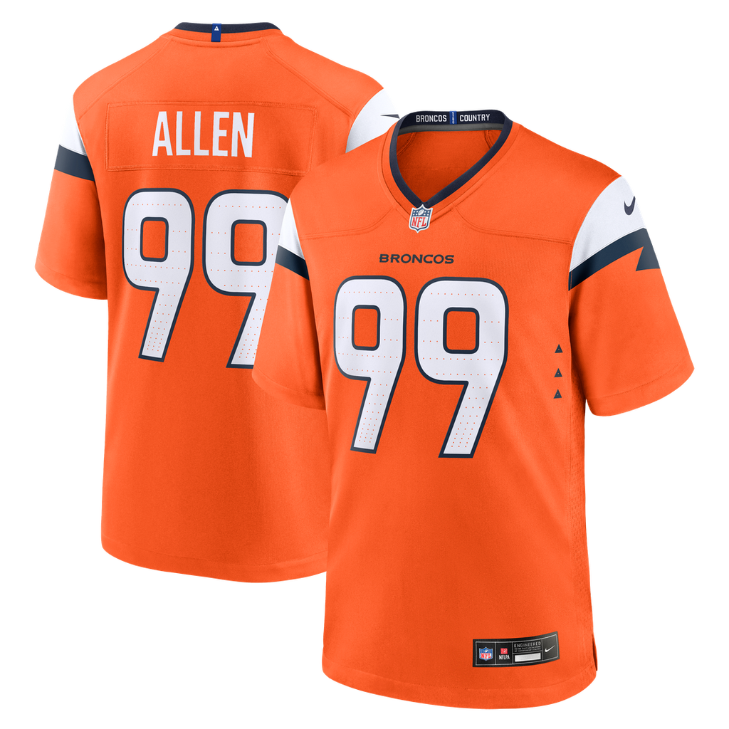 Denver Broncos Zach Allen Orange Team Game Jersey product image 1, provided for visual reference and product detail review