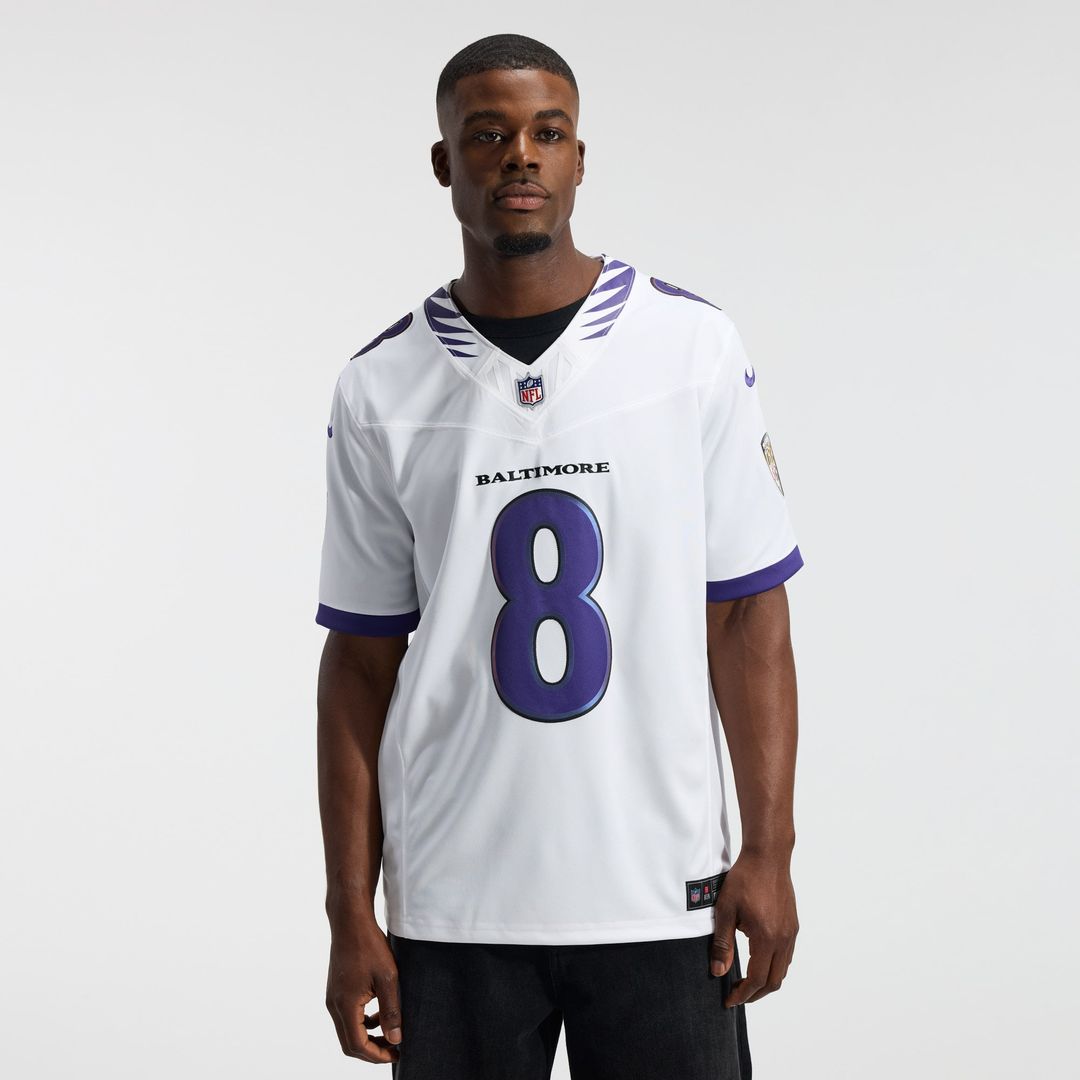 Baltimore Ravens Lamar Jackson White Vapor F.U.S.E. Stitched Limited Jersey product image 2, provided for visual reference