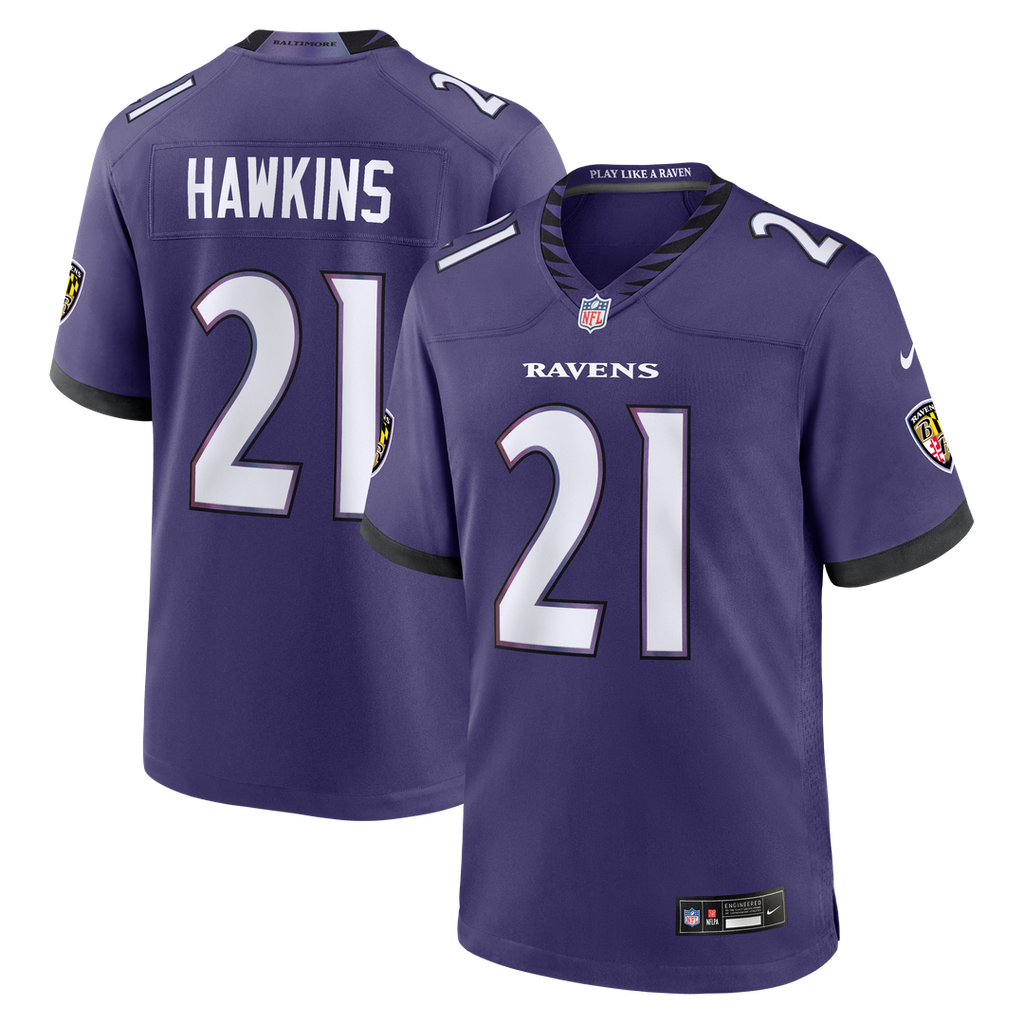 Baltimore Ravens Jaylinn Hawkins Purple Team Game Jersey product image 1, provided for visual reference and product detail