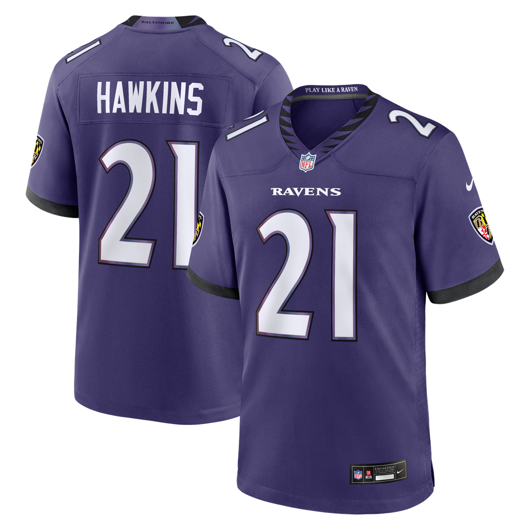 Baltimore Ravens Jaylinn Hawkins Purple Team Game Jersey product image 1, provided for visual reference and product detail