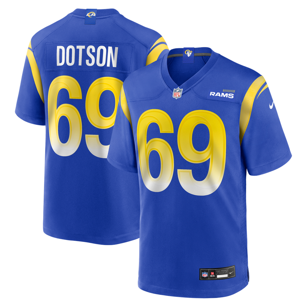 Los Angeles Rams Kevin Dotson Royal Game Jersey product image 1, provided for visual reference and product detail review