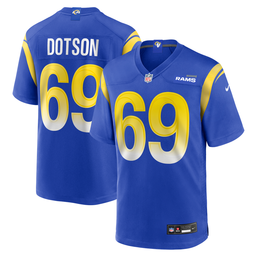 Los Angeles Rams Kevin Dotson Royal Game Jersey product image 1, provided for visual reference and product detail review