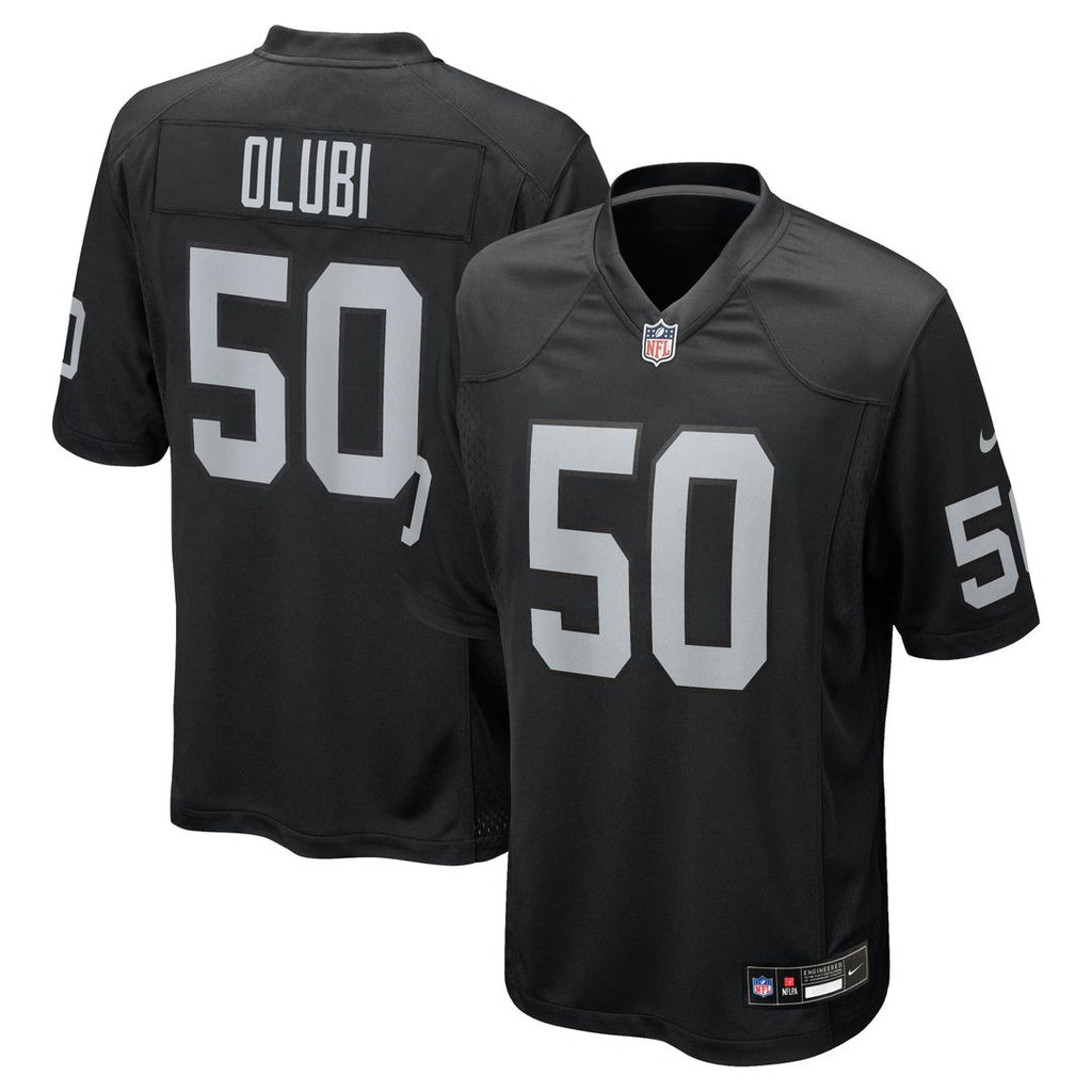 Las Vegas Raiders Segun Olubi Black Team Game Jersey product image 1, provided for visual reference and product detail review