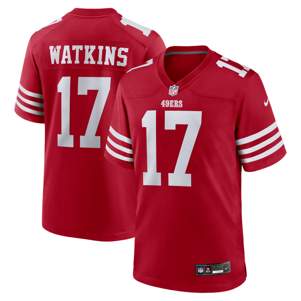 San Francisco 49ers Watkins Scarlet Team Game Jersey product image 1, provided for visual reference and product detail review