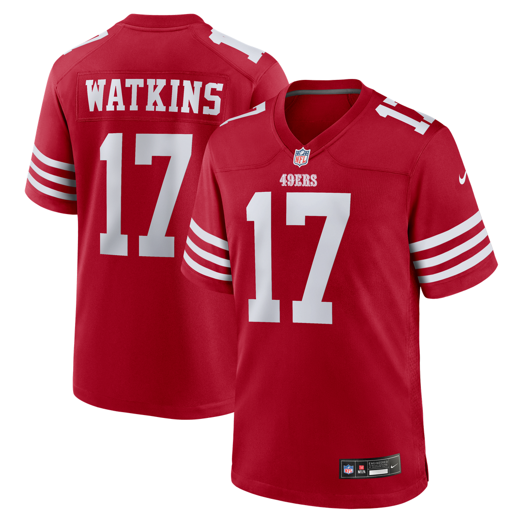 San Francisco 49ers Watkins Scarlet Team Game Jersey product image 1, provided for visual reference and product detail review