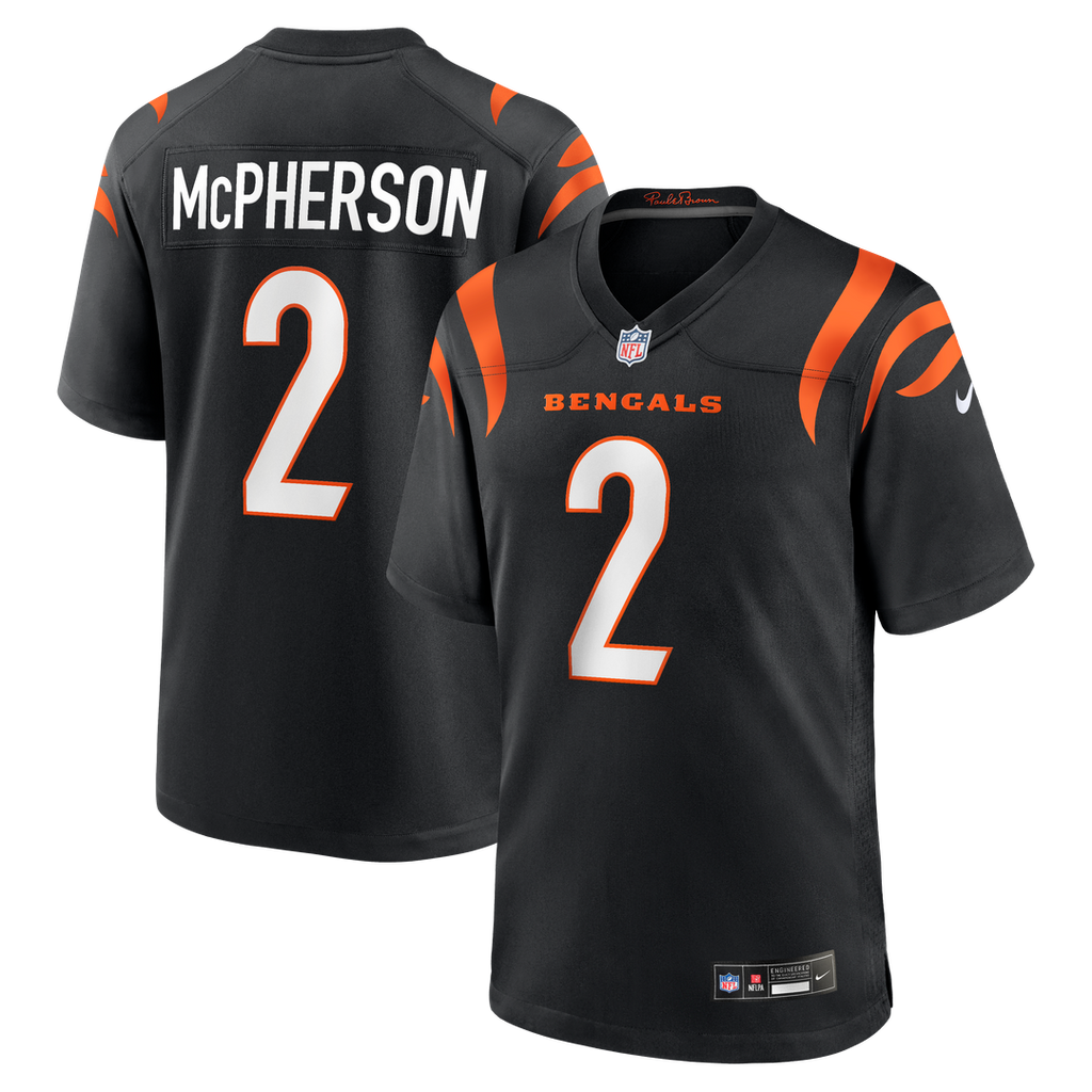 Cincinnati Bengals Evan McPherson Black Game Jersey product image 1, provided for visual reference and product detail review