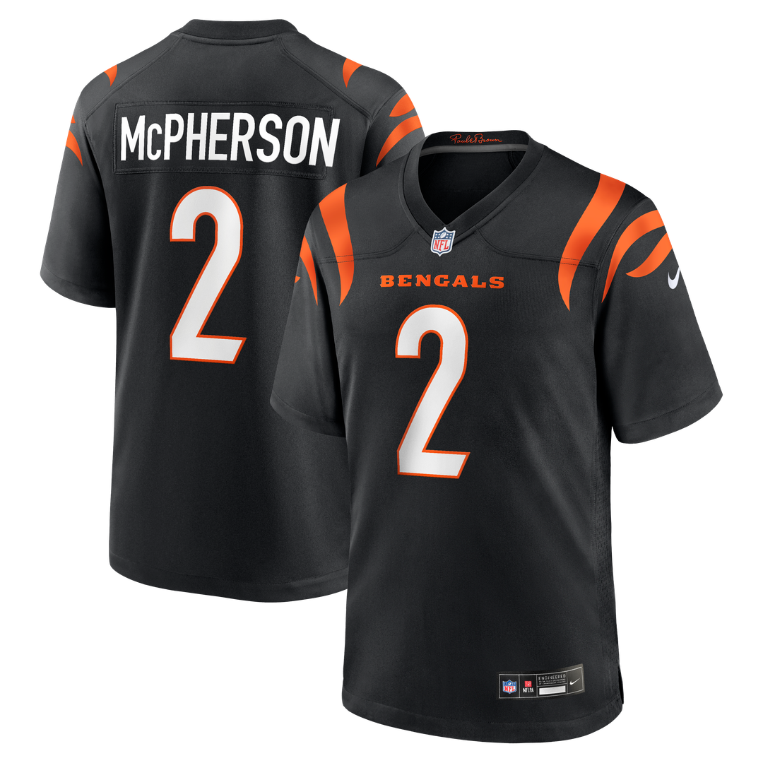 Cincinnati Bengals Evan McPherson Black Game Jersey product image 1, provided for visual reference and product detail review