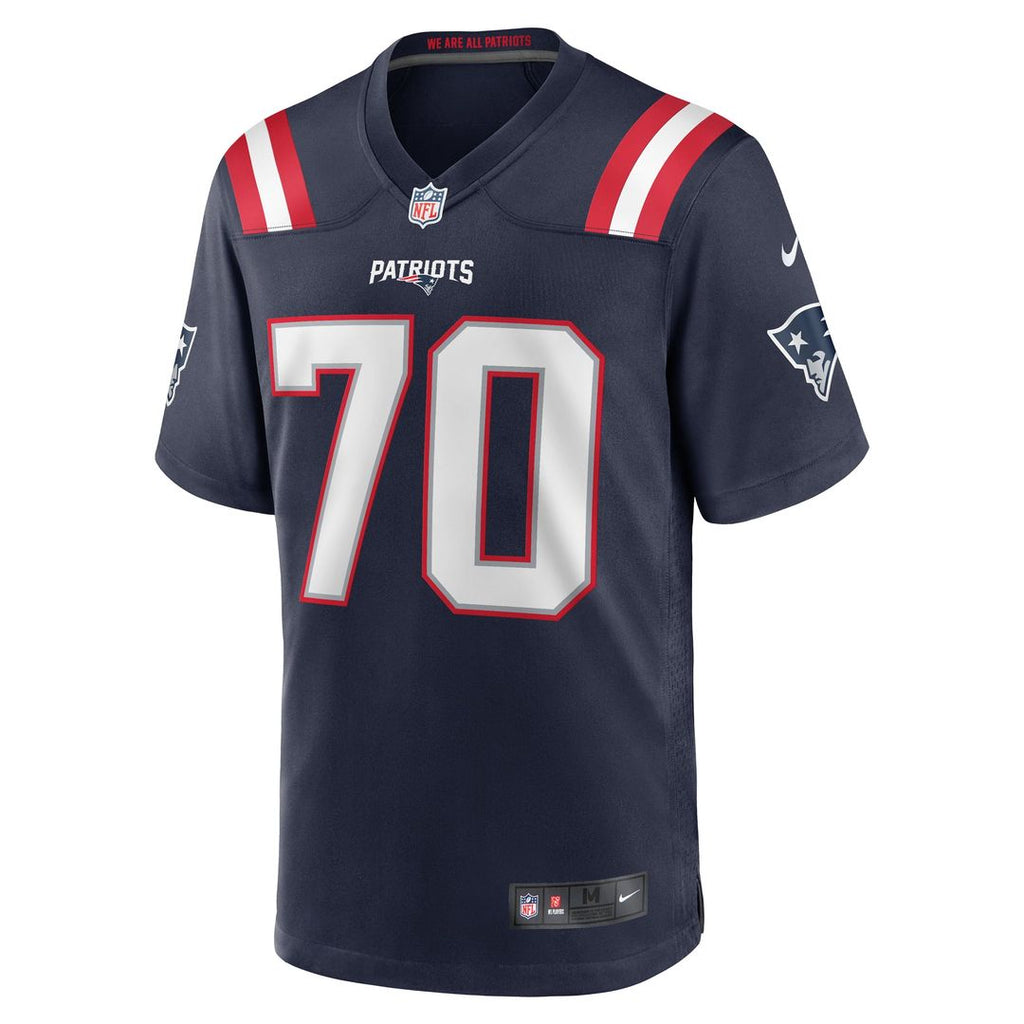 New England Patriots Caedan Wallace Navy Game Jersey product image 2, provided for visual reference and product detail review