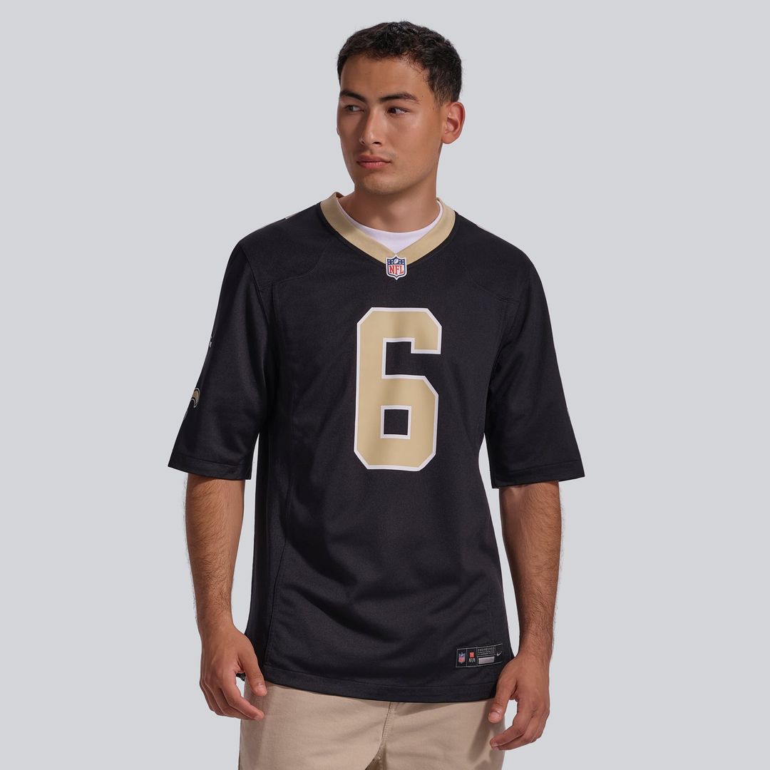 New Orleans Saints Tyler Shough Black Game Jersey product image 2, provided for visual reference and product detail review