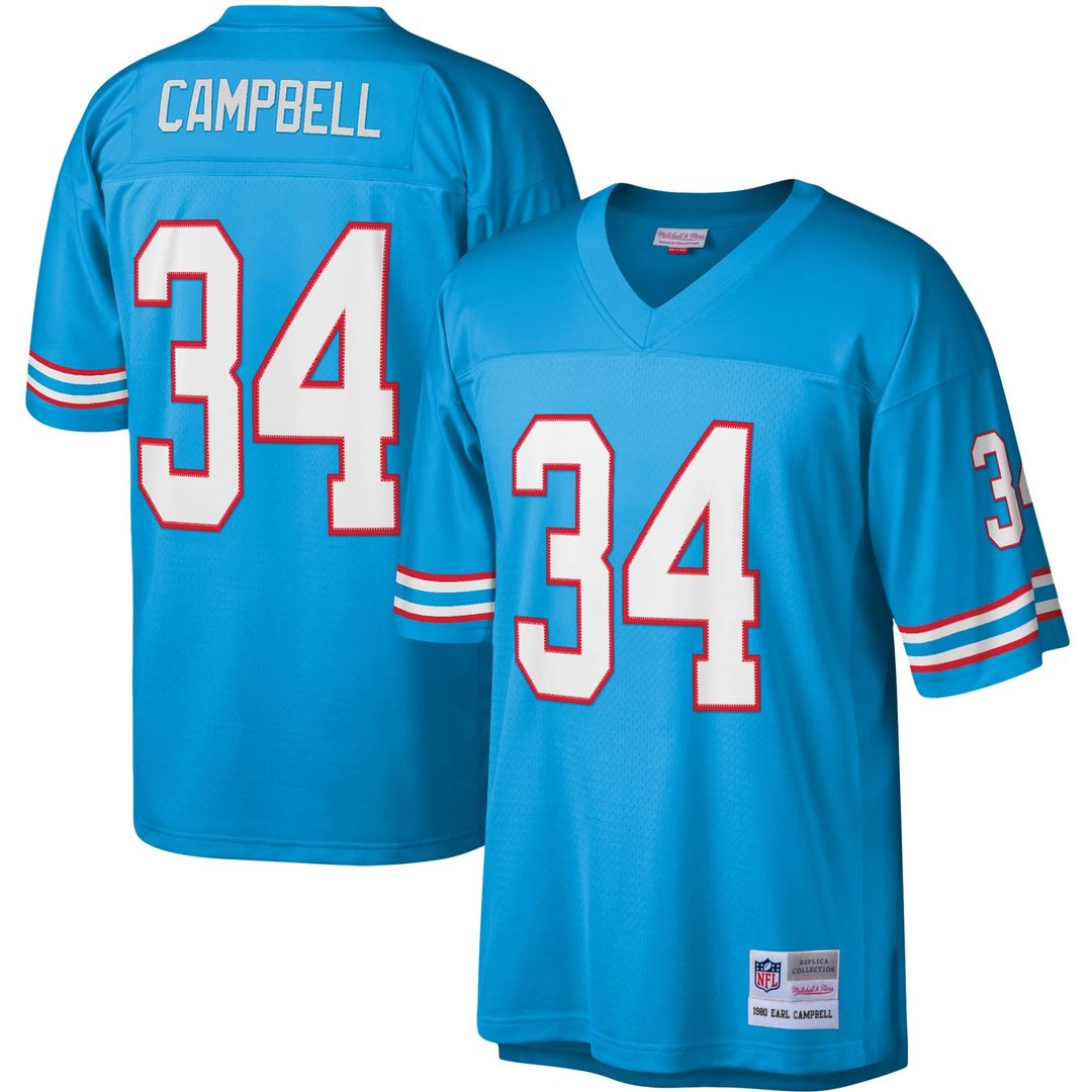 Houston Oilers Earl Campbell Light Blue Legacy Replica Jersey product image 1, provided for visual reference and product