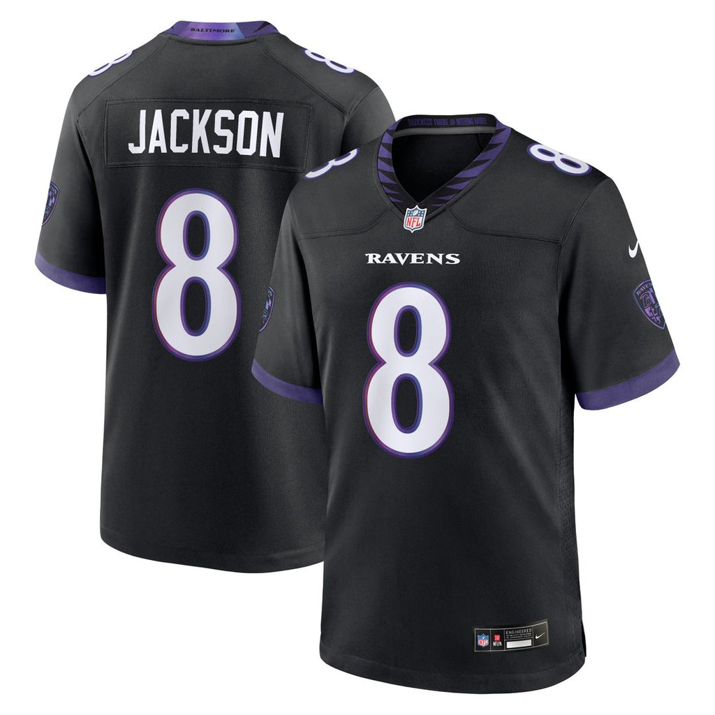 Baltimore Ravens Lamar Jackson Black Alternate Game Jersey product image 1, provided for visual reference and product detail
