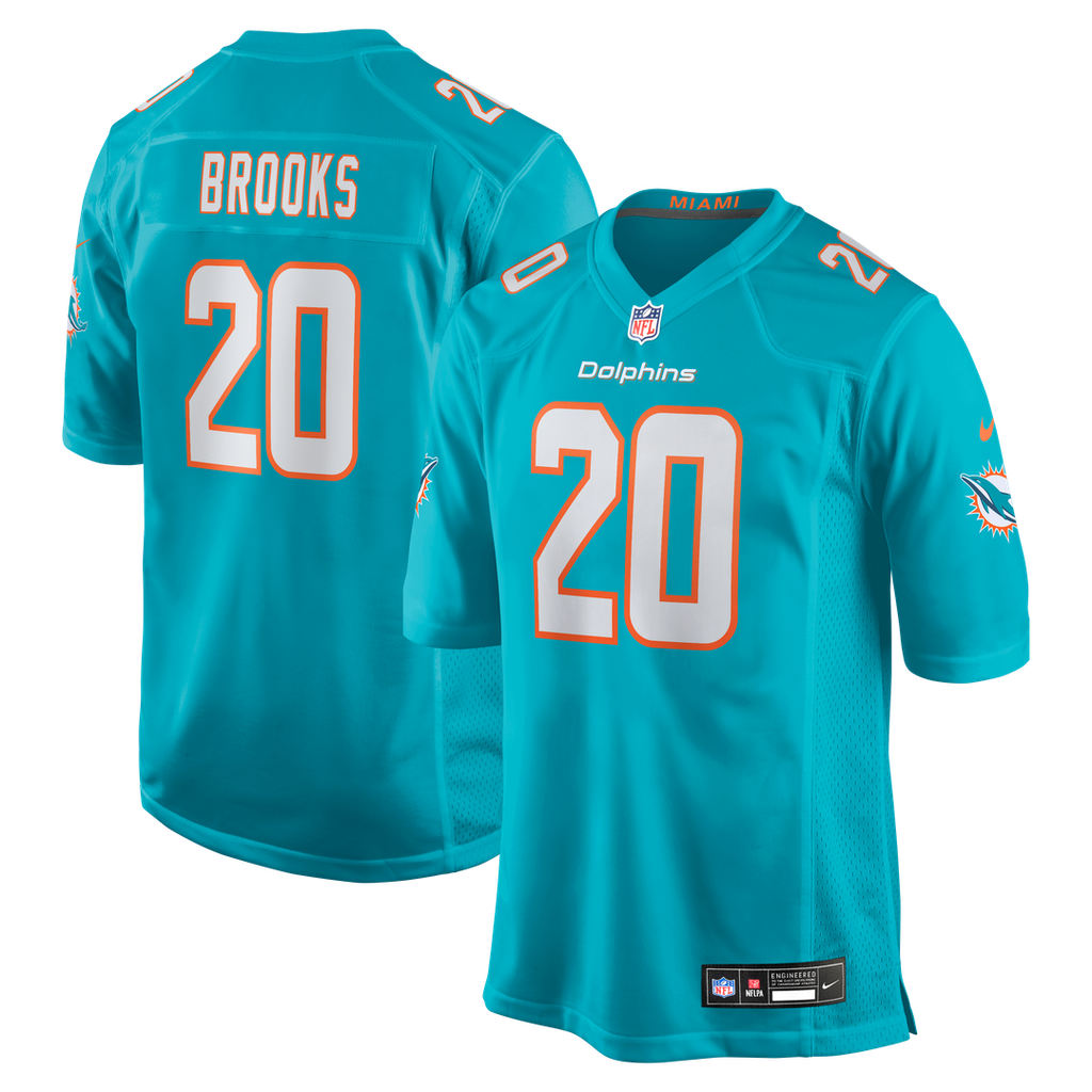 Miami Dolphins Jordyn Brooks Aqua Game Jersey product image 1, provided for visual reference and product detail review