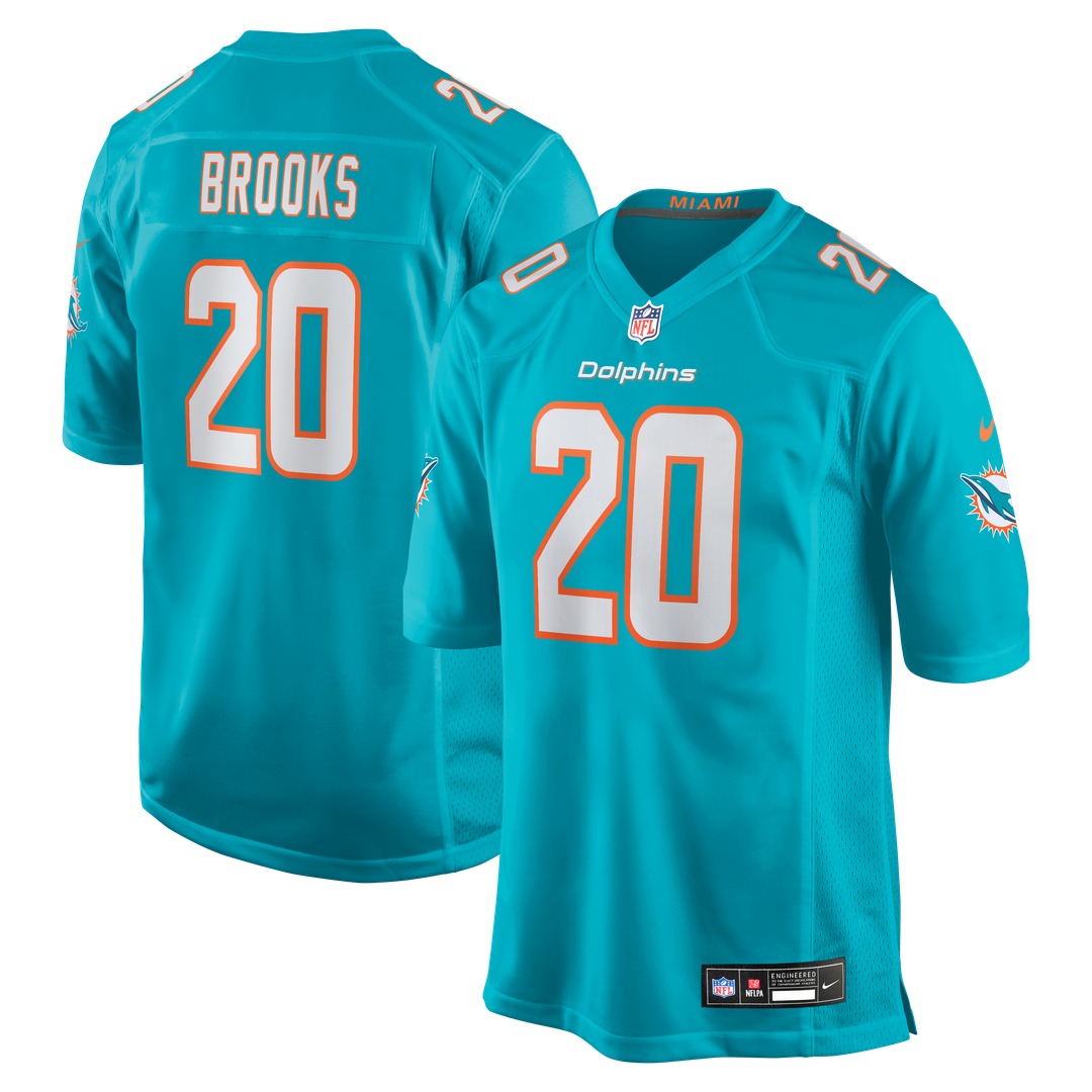 Miami Dolphins Jordyn Brooks Aqua Game Jersey product image 1, provided for visual reference and product detail review
