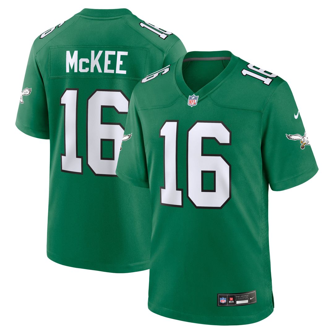 Philadelphia Eagles Tanner McKee Kelly Green Alternate Game Jersey product image 1, provided for visual reference and