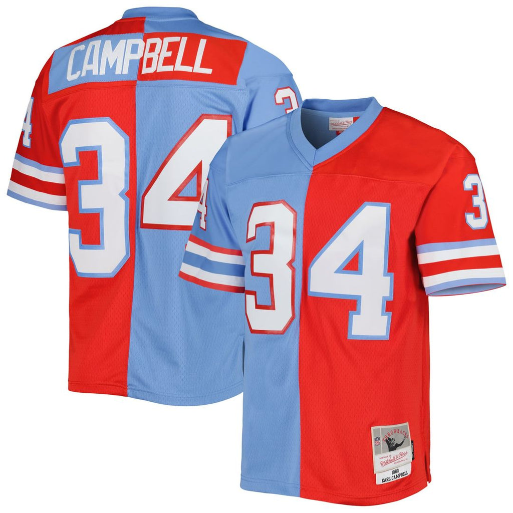 Houston Oilers Earl Campbell Red/Light Blue Gridiron Classics 1980 Split Legacy Replica Jersey product image 1, provided for