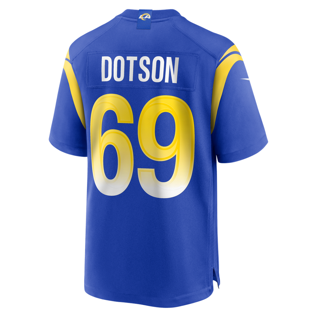 Los Angeles Rams Kevin Dotson Royal Game Jersey product image 3, provided for visual reference and product detail review
