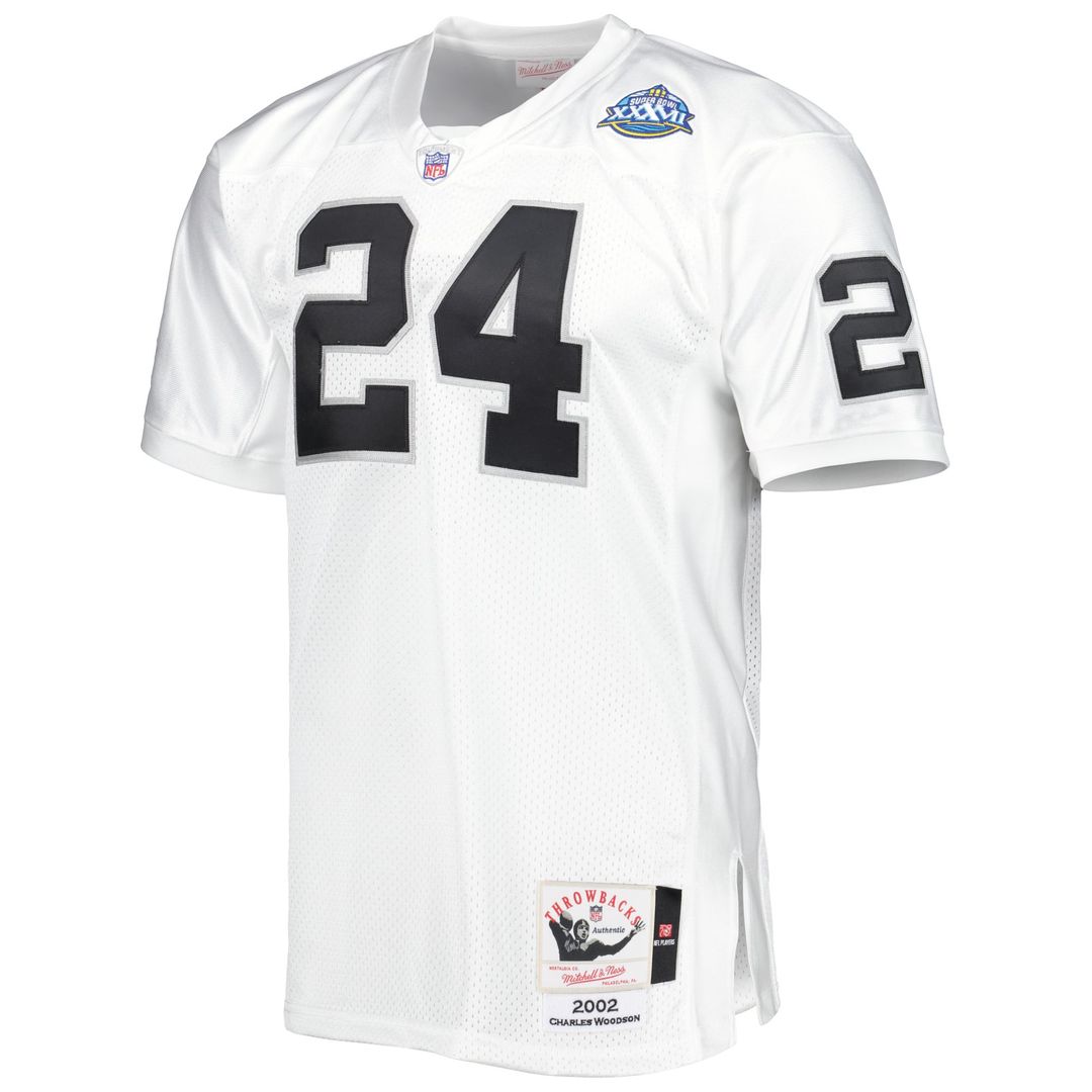 Las Vegas Raiders 2002 Charles Woodson White Authentic Throwback Retired Player Jersey product image 2, provided for visual