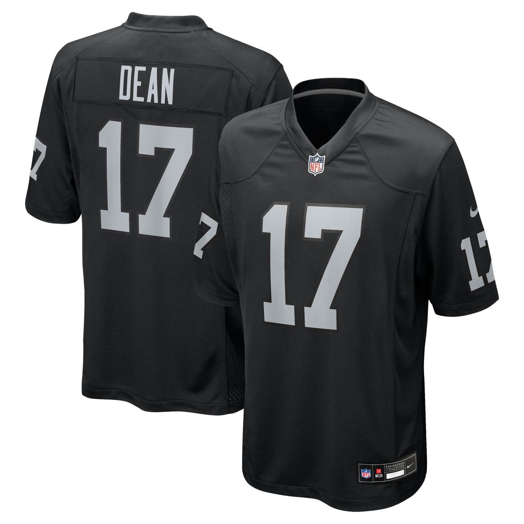 Las Vegas Raiders Nakobe Dean Black Team Game Jersey product image 1, provided for visual reference and product detail review