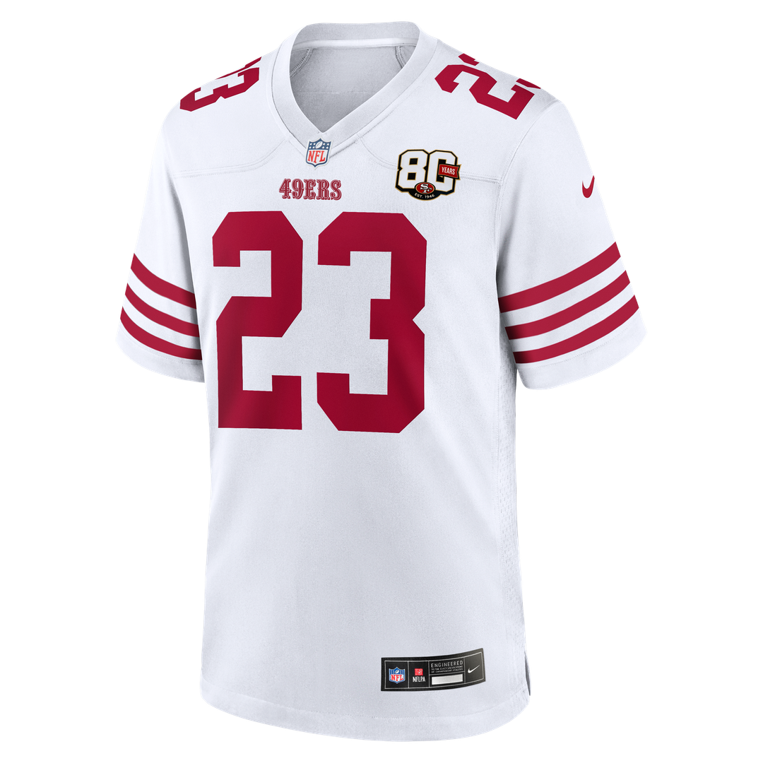 San Francisco 49ers Christian McCaffrey White 80th Anniversary Game Jersey product image 5, provided for visual reference