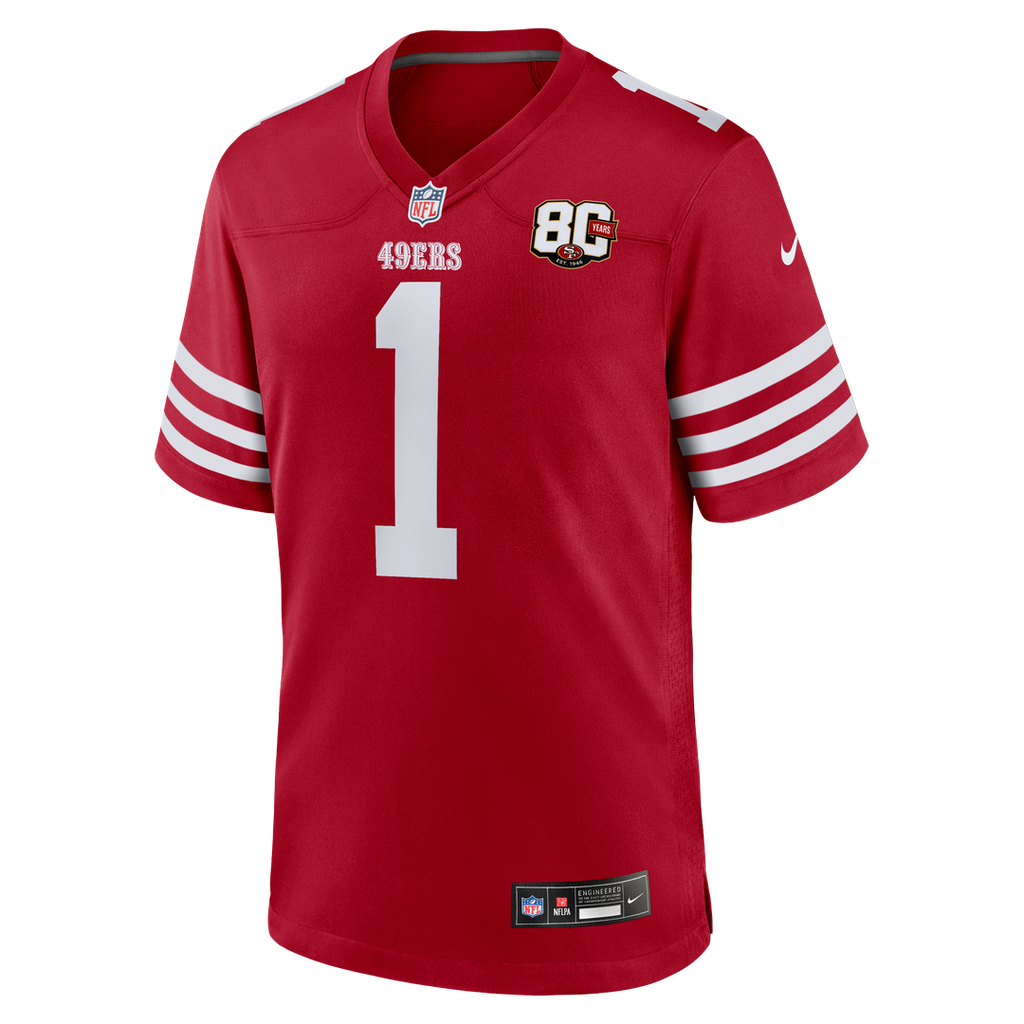 San Francisco 49ers Ricky Pearsall Scarlet 80th Anniversary Game Jersey product image 2, provided for visual reference and