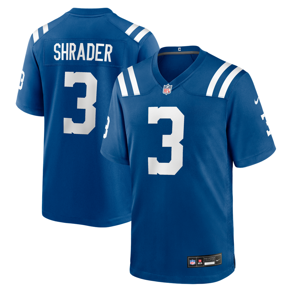 Indianapolis Colts Spencer Shrader Royal Team Game Jersey product image 1, provided for visual reference and product detail