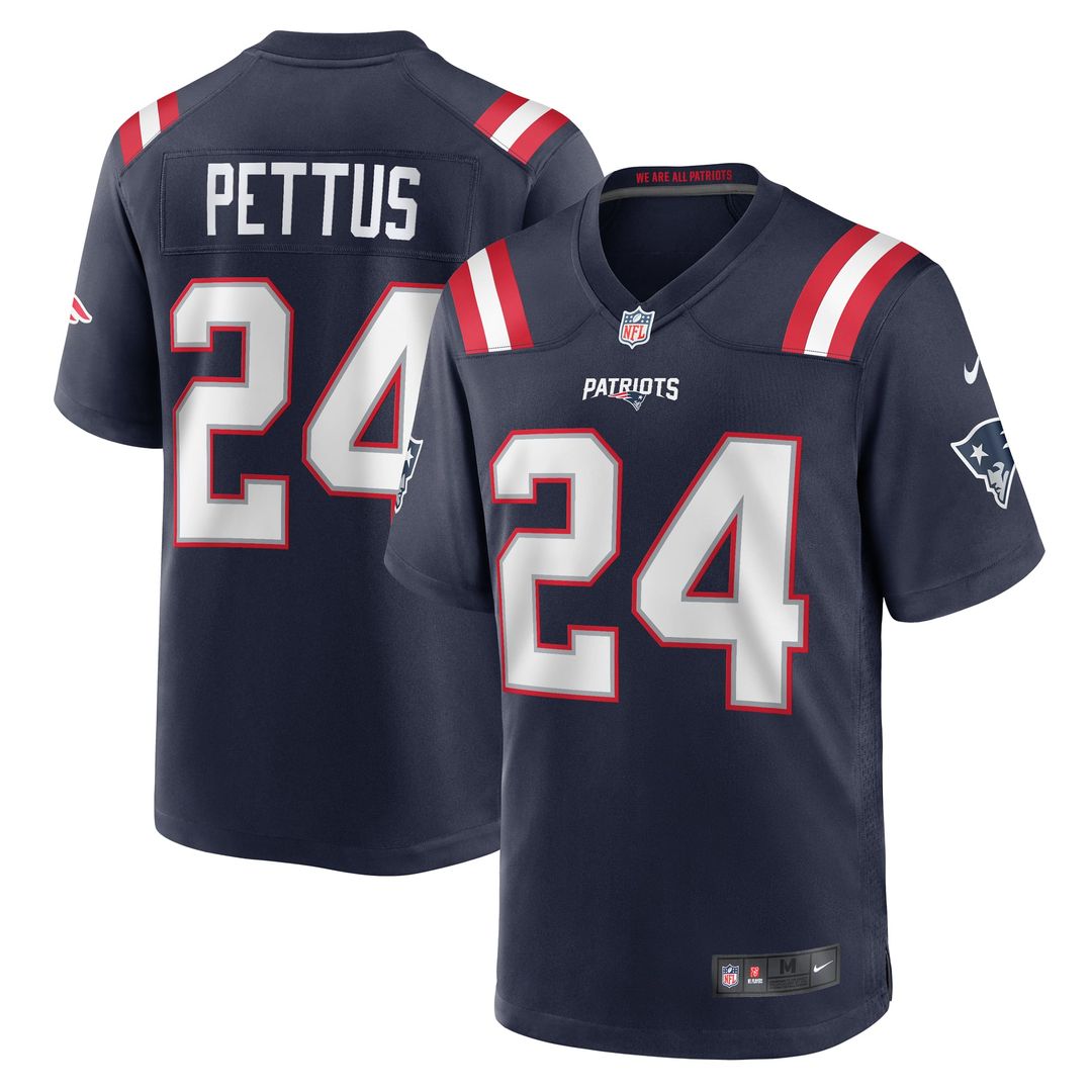 New England Patriots Dell Pettus Navy Game Jersey product image 1, provided for visual reference and product detail review