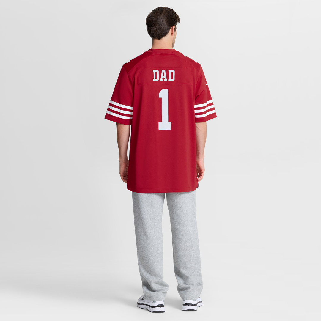 San Francisco 49ers Number 1 Dad Scarlet Game Jersey product image 8, provided for visual reference and product detail review