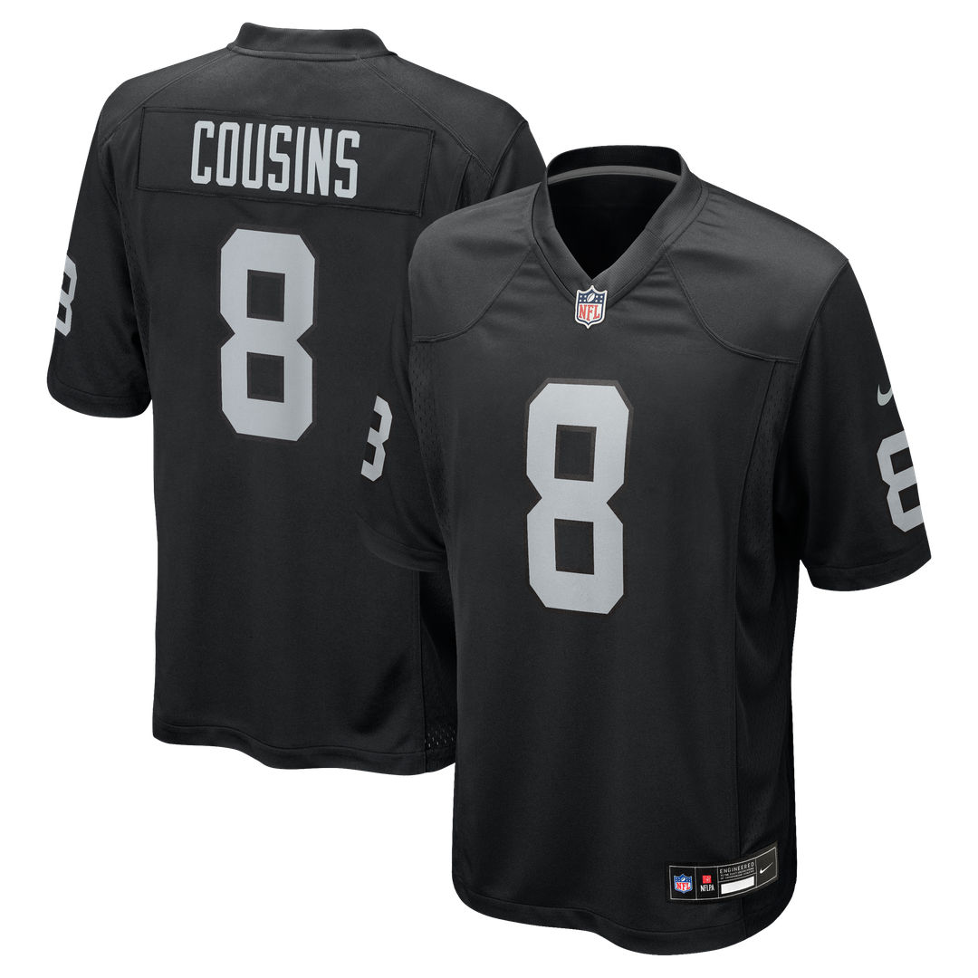 Las Vegas Raiders Kirk Cousins Black Team Game Jersey product image 1, provided for visual reference and product detail