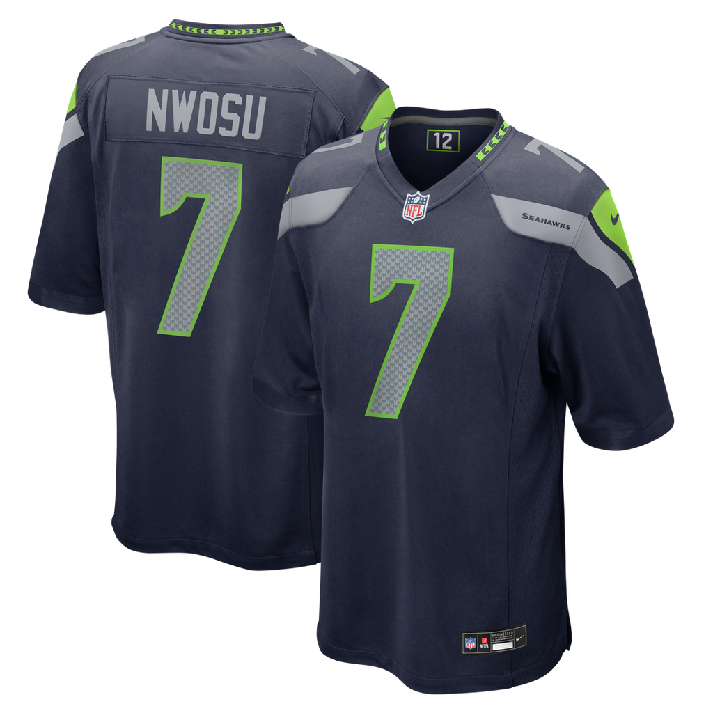 Seattle Seahawks Uchenna Nwosu College Navy Team Game Jersey product image 1, provided for visual reference and product