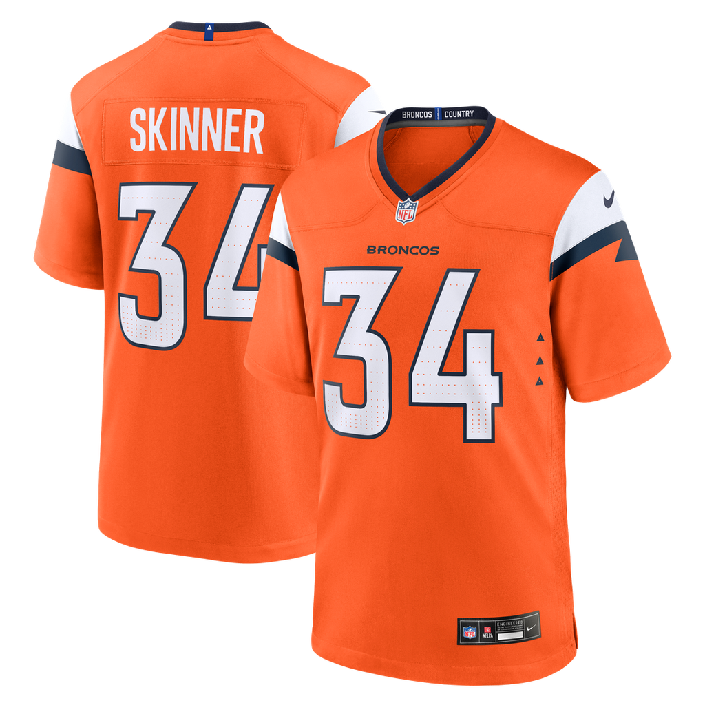 Denver Broncos JL Skinner Orange Team Game Jersey product image 1, provided for visual reference and product detail review