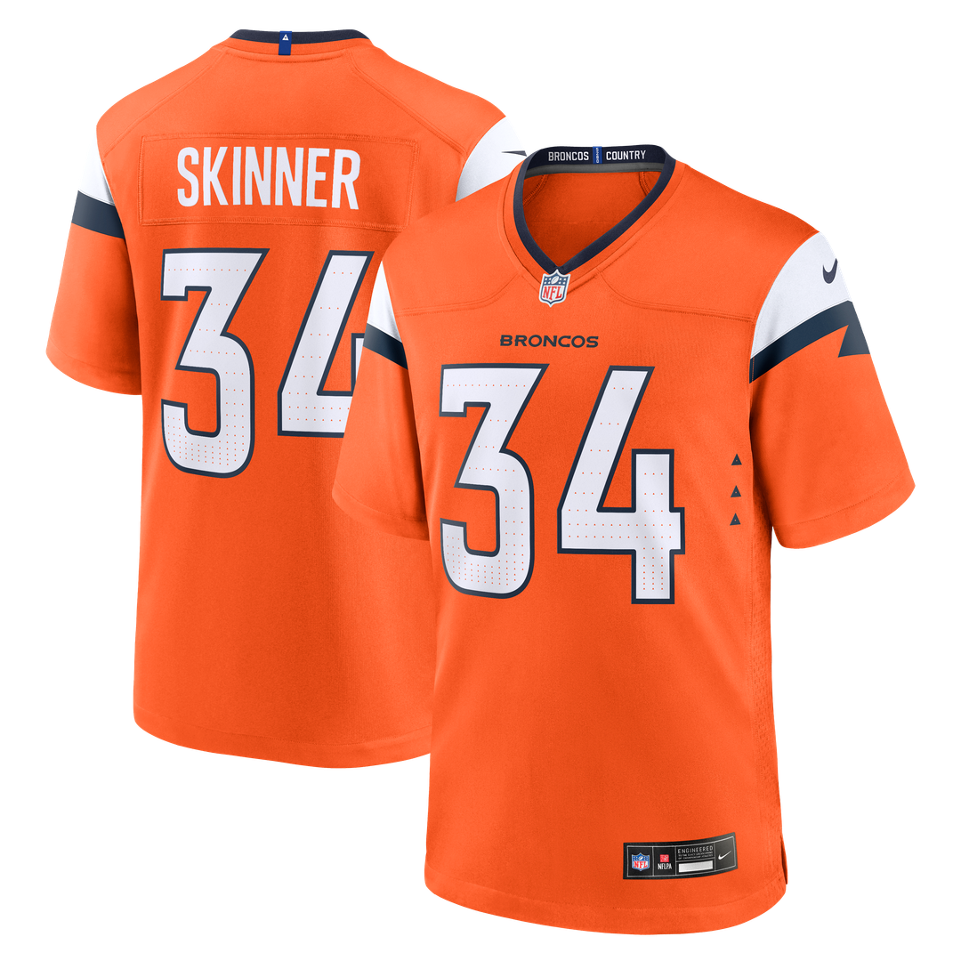 Denver Broncos JL Skinner Orange Team Game Jersey product image 1, provided for visual reference and product detail review
