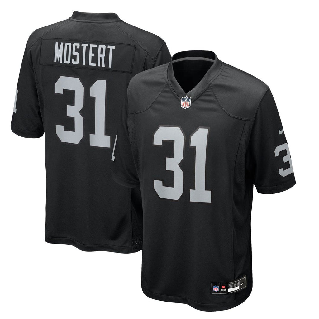 Las Vegas Raiders Raheem Mostert Black Team Game Jersey product image 1, provided for visual reference and product detail