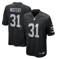 Las Vegas Raiders Raheem Mostert Black Team Game Jersey product image 1, provided for visual reference and product detail