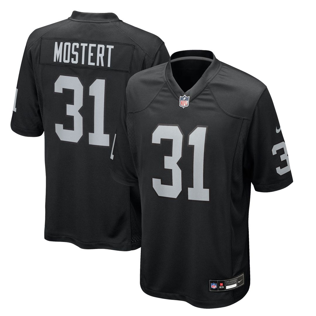 Las Vegas Raiders Raheem Mostert Black Team Game Jersey product image 1, provided for visual reference and product detail