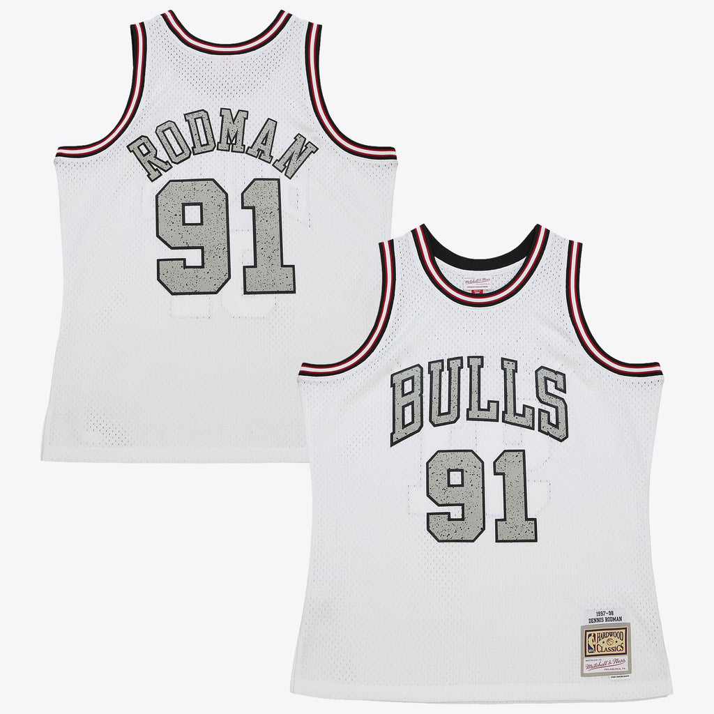 Dennis Rodman Chicago Bulls 1997 Cracked Cement Swingman Jersey - White product image 1, provided for visual reference and