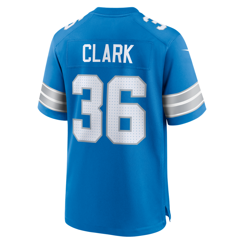 Detroit Lions Chuck Clark Blue Team Game Jersey product image 5, provided for visual reference and product detail review