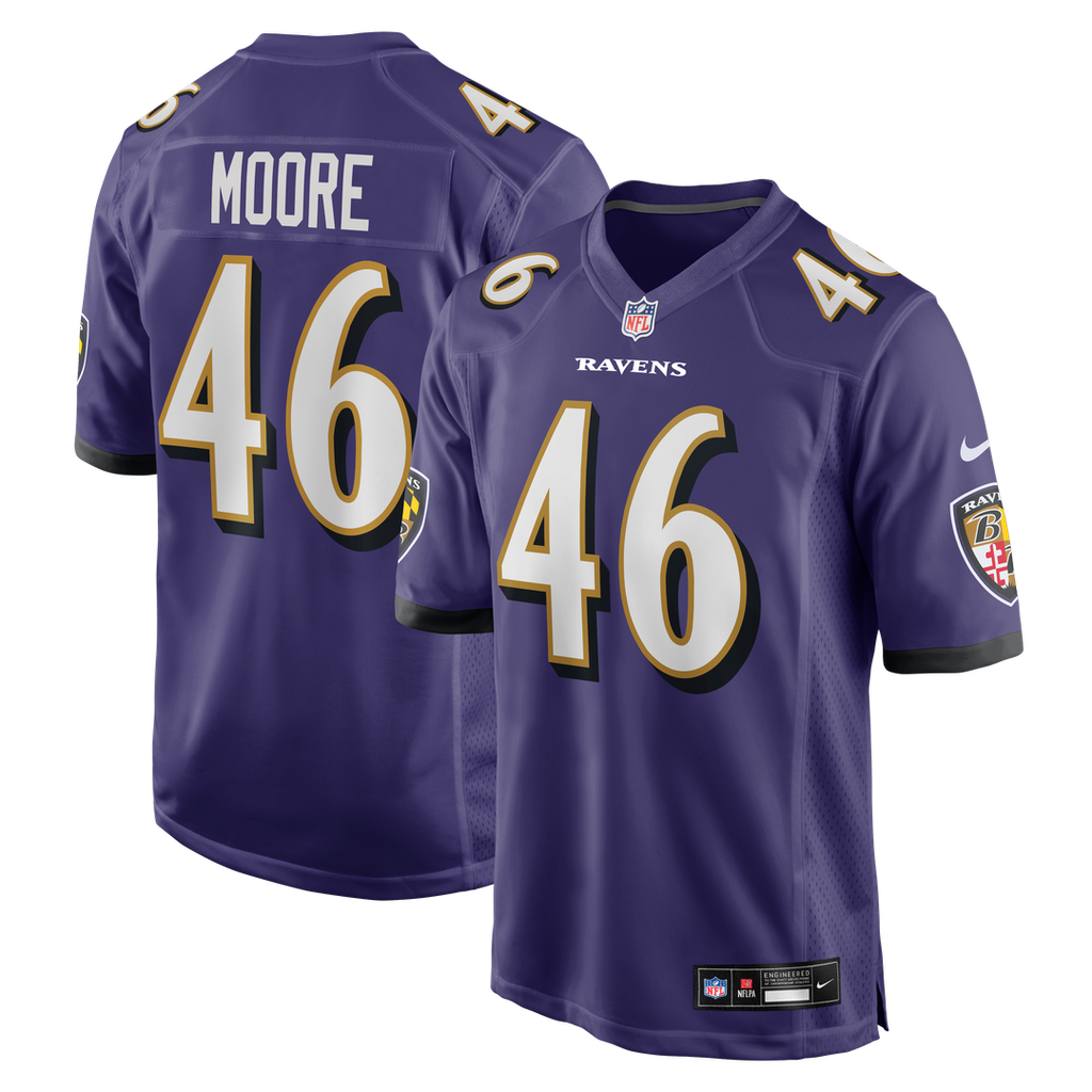 Baltimore Ravens Nick Moore Purple Game Jersey product image 1, provided for visual reference and product detail review