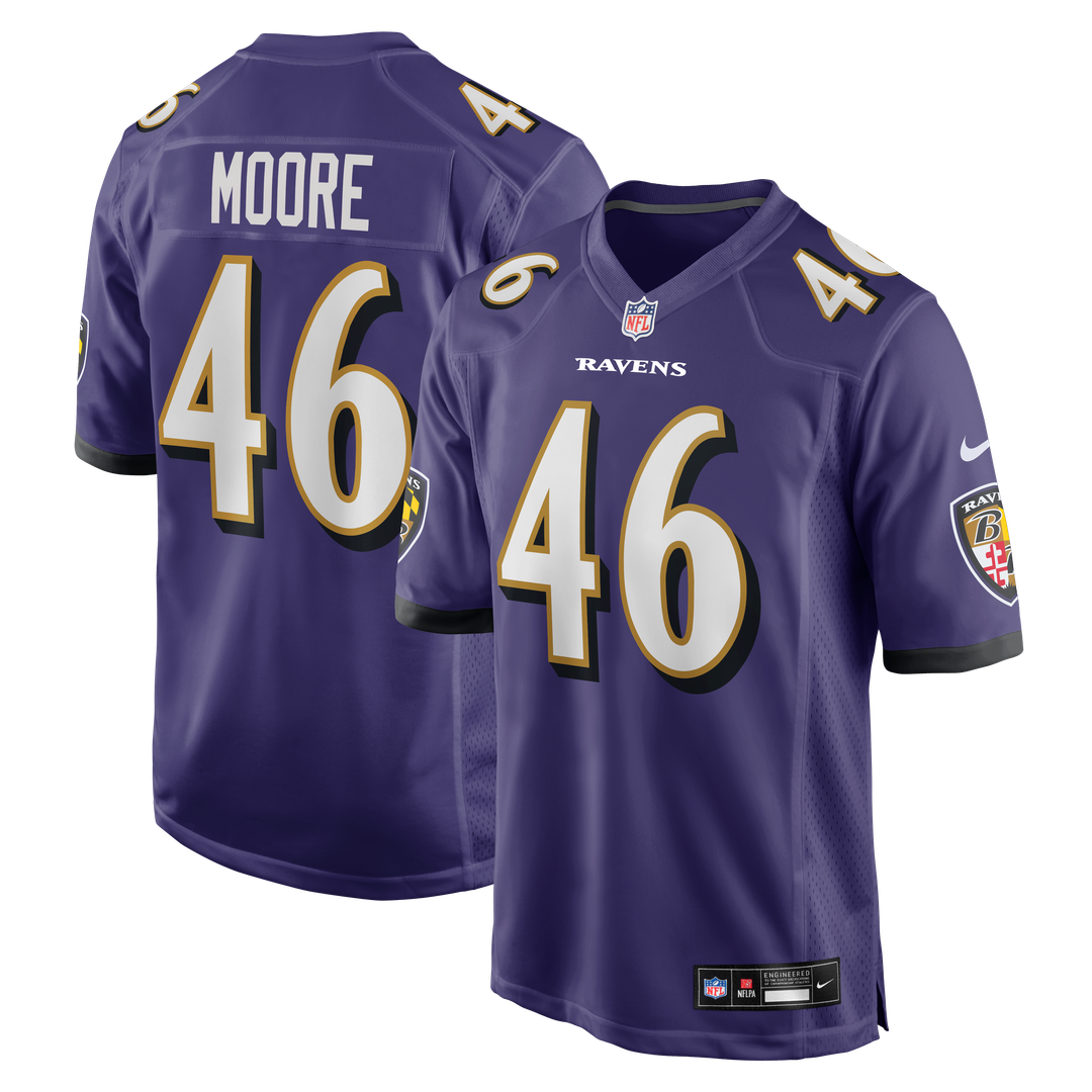 Baltimore Ravens Nick Moore Purple Game Jersey product image 1, provided for visual reference and product detail review