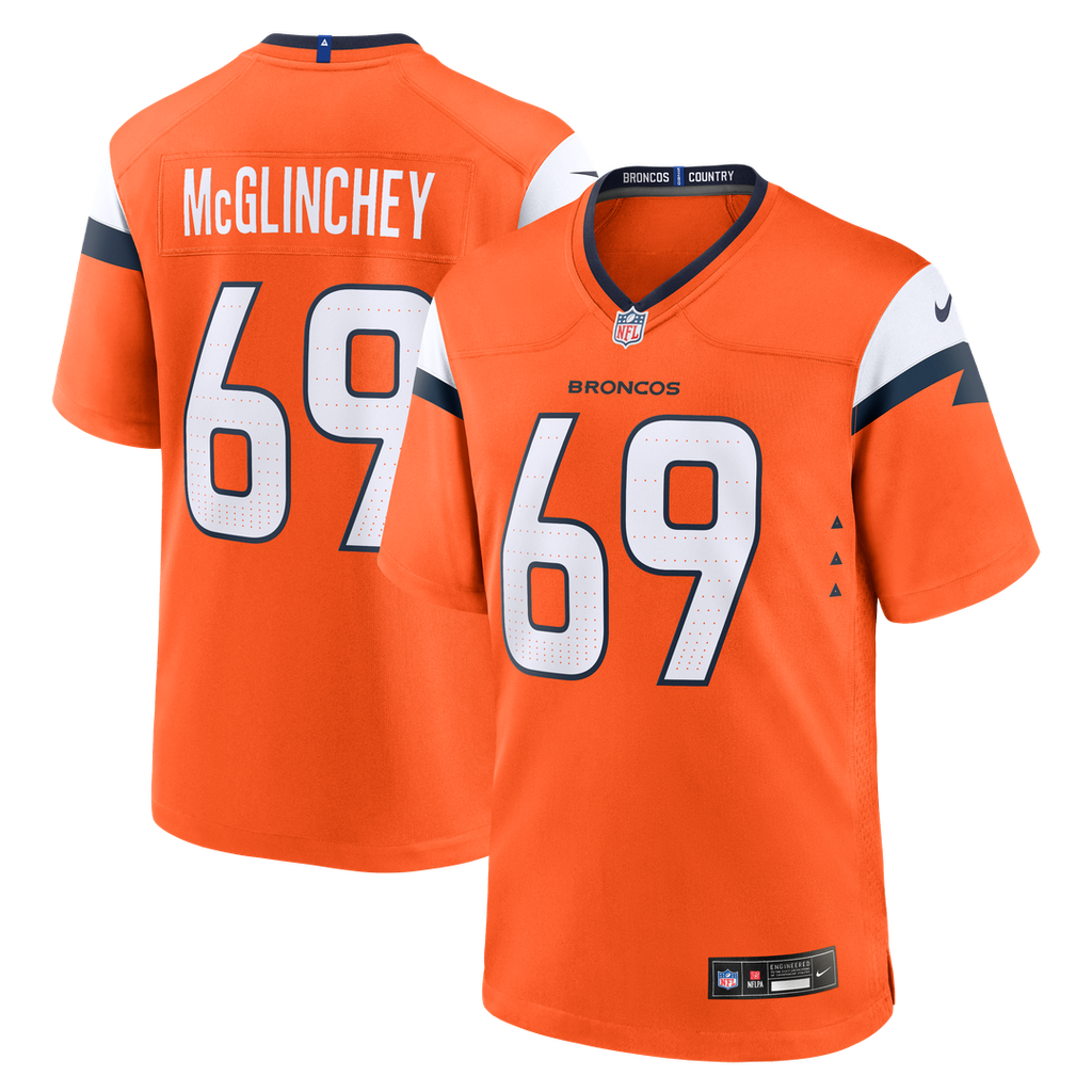 Denver Broncos Mike McGlinchey Orange Team Game Jersey product image 1, provided for visual reference and product detail